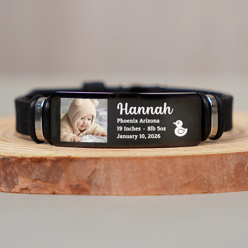 Custom Photo,New Dad,New Mom,New baby,Gift For Father,Happy,Non-Eng,Photo - Custom Photo Baby Newborn Information - Personalized Engraved Bracelet