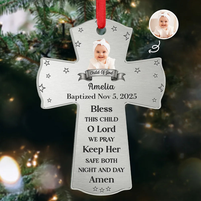 Christmas, New baby - Custom Photo Baptism Cross God Bless This Child - Personalized Metal Ornament