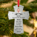 Christmas, New baby - Custom Photo Baptism Cross God Bless This Child - Personalized Metal Ornament