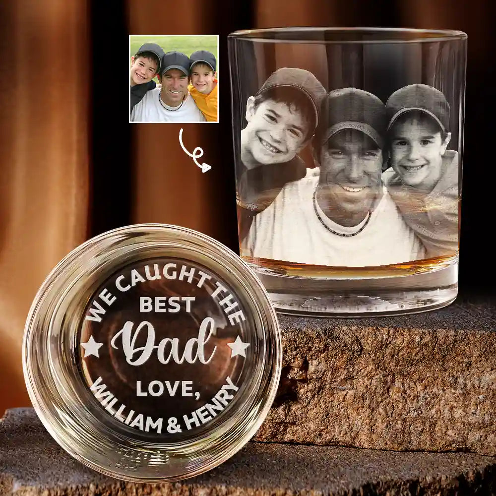 Custom Photo Baseball Fishing We Caught The Best Dad Papa - Personalized Engraved Whiskey Glass