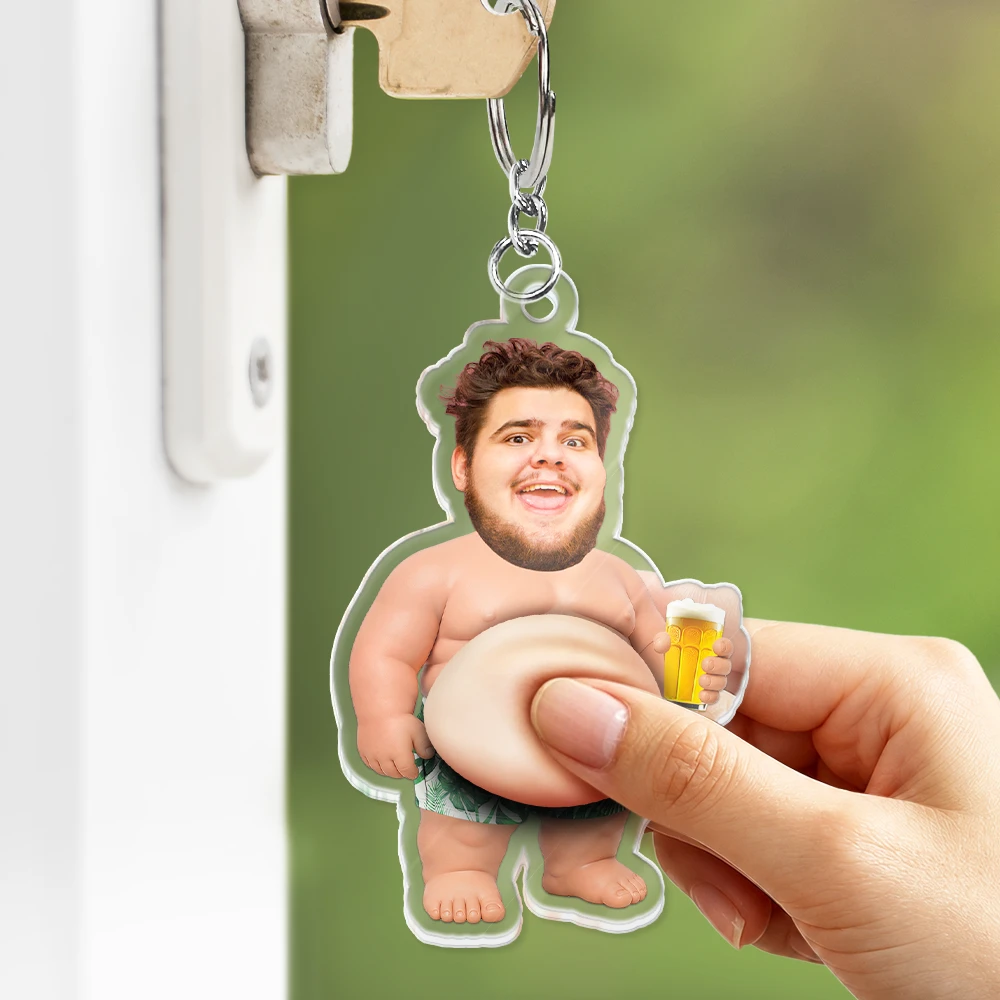 Gift For Father,Custom Photo,Summer,Humorous,Cut-Face Photo - Custom Photo Belly Out For Summer - Personalized Squishy Acrylic Keychain