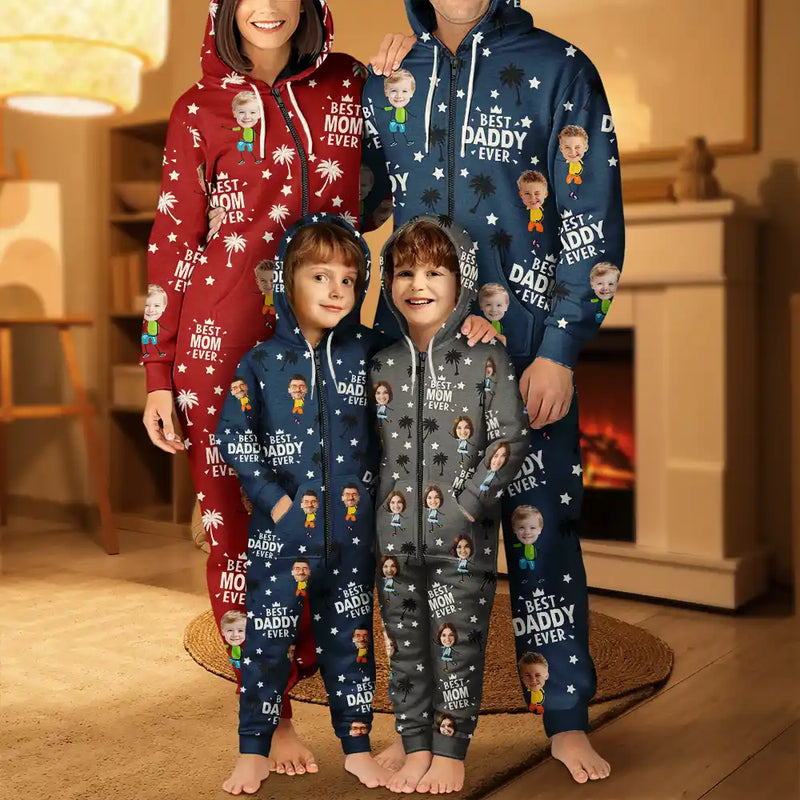 Gift For Grandpa,Gift For Father,Happy,Custom Photo - Custom Photo Best Dad Grandpa Ever - Personalized Overall Onesie Hooded Jumpsuit