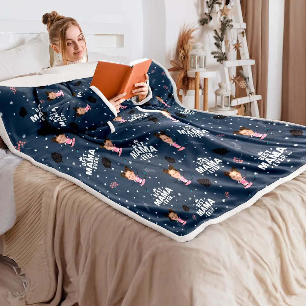 Gift For Grandma, Gift For Grandpa, Custom Photo, Happy - Custom Photo Best Dad Grandpa Mom Grandma Ever - Personalized Wearable Blanket With Sleeves