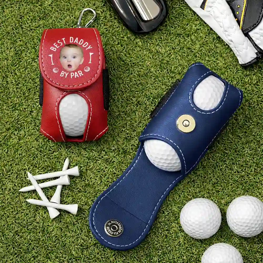 Gift For Husband, Gift For Men, Gift For Grandpa, Gift For Father, Sport Dad, Dad's Hobby, Grandpa's Hobby, Golf - Custom Photo Best Daddy By Par - Personalized Leather Golf Ball Holder