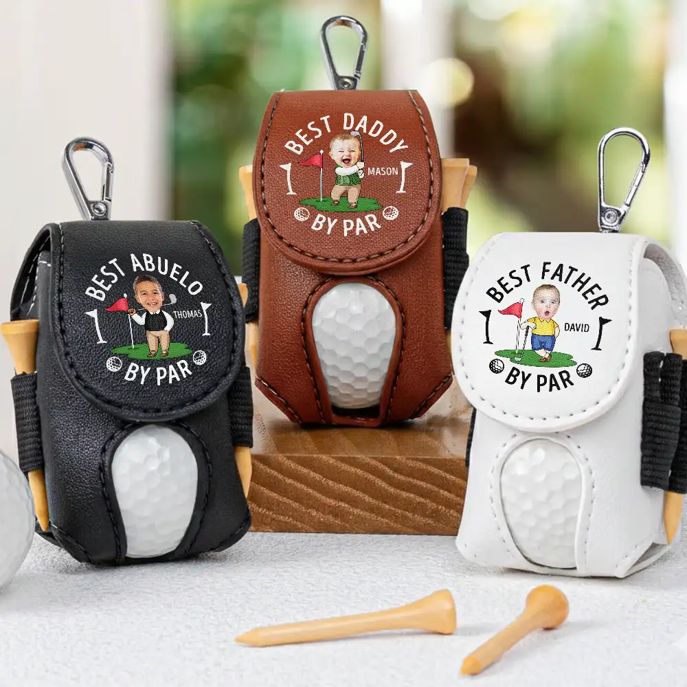 Gift For Husband,Gift For Men,Gift For Grandpa,Gift For Father,Sport Dad,Dad's Hobby,Grandpa's Hobby,Golf - Custom Photo Best Daddy By Par Funny Kid - Personalized Leather Golf Ball Holder