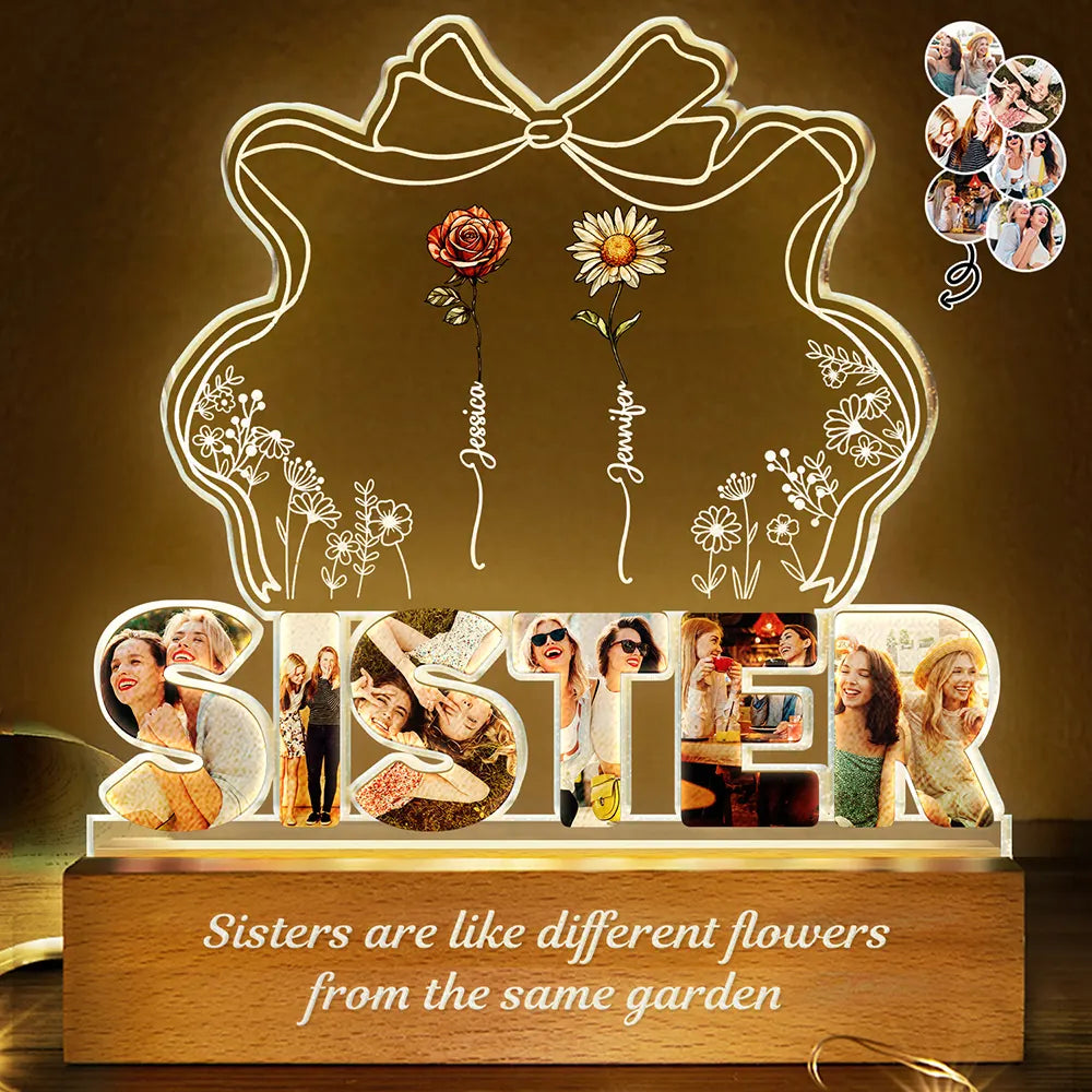 Custom Photo Bestie Sister Birth Flower Grow Old Friends - Personalized Custom Shaped LED Light