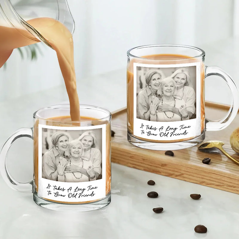 Gift For Bestie,Gift For Sisters,Happy,Custom Photo,Old Best friends - Custom Photo Besties Gray Scale Right In The Throat - Personalized Glass Mug