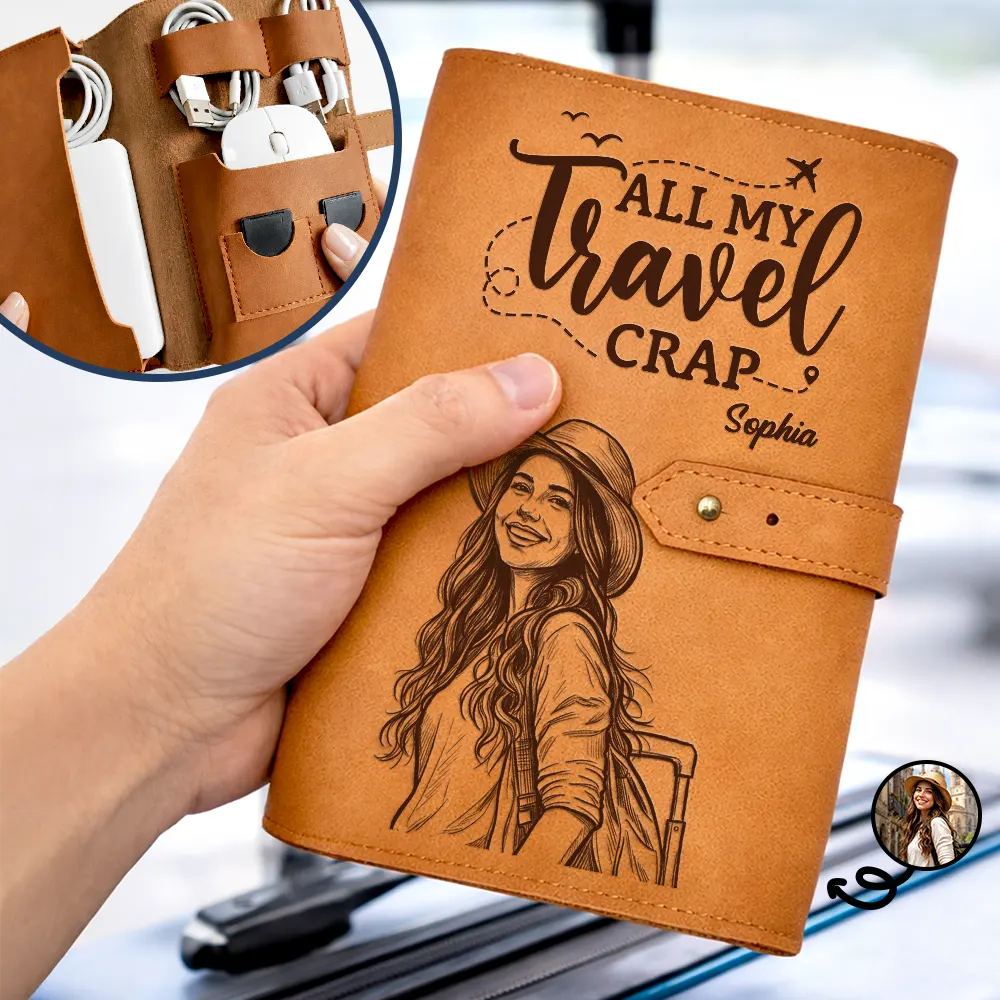Custom Photo Bold Sketch All My Travel Crap Woman Man Portrait - Personalized Leather Cable Bag