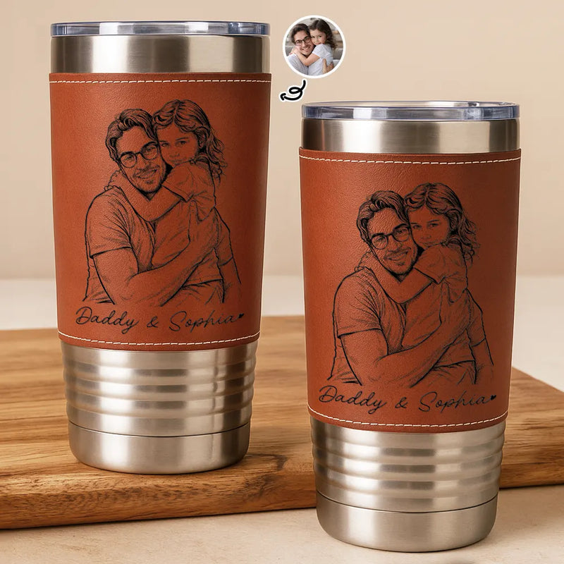 Gift For Father,Gift For Grandpa,Non-Eng,Photo - Pencil Sketch (Bold),Proud - Custom Photo Bold Sketch Best Dad Grandpa Ever Family Portrait - Personalized Leather Tumbler