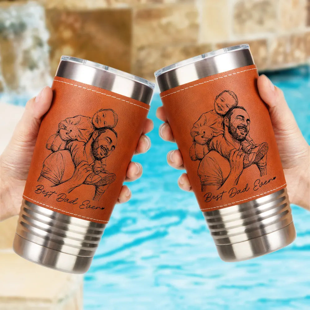 Gift For Father,Gift For Grandpa,Non-Eng,Photo - Pencil Sketch (Bold),Proud - Custom Photo Bold Sketch Best Dad Grandpa Ever Family Portrait - Personalized Leather Tumbler