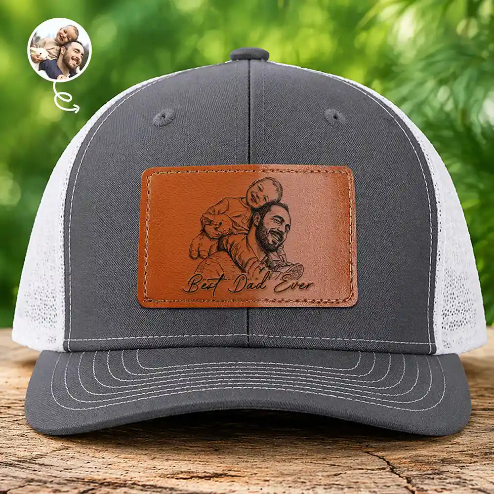 Custom Photo Bold Sketch Best Dad Grandpa Ever Family Portrait - Personalized Leather Patch Hat
