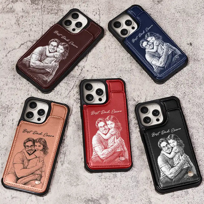 Gift For Father,Gift For Grandpa,Non-Eng,Photo - Pencil Sketch (Bold),Proud - Custom Photo Bold Sketch Best Dad Grandpa Ever Family Portrait - Personalized Leather Flip Wallet Phone Case