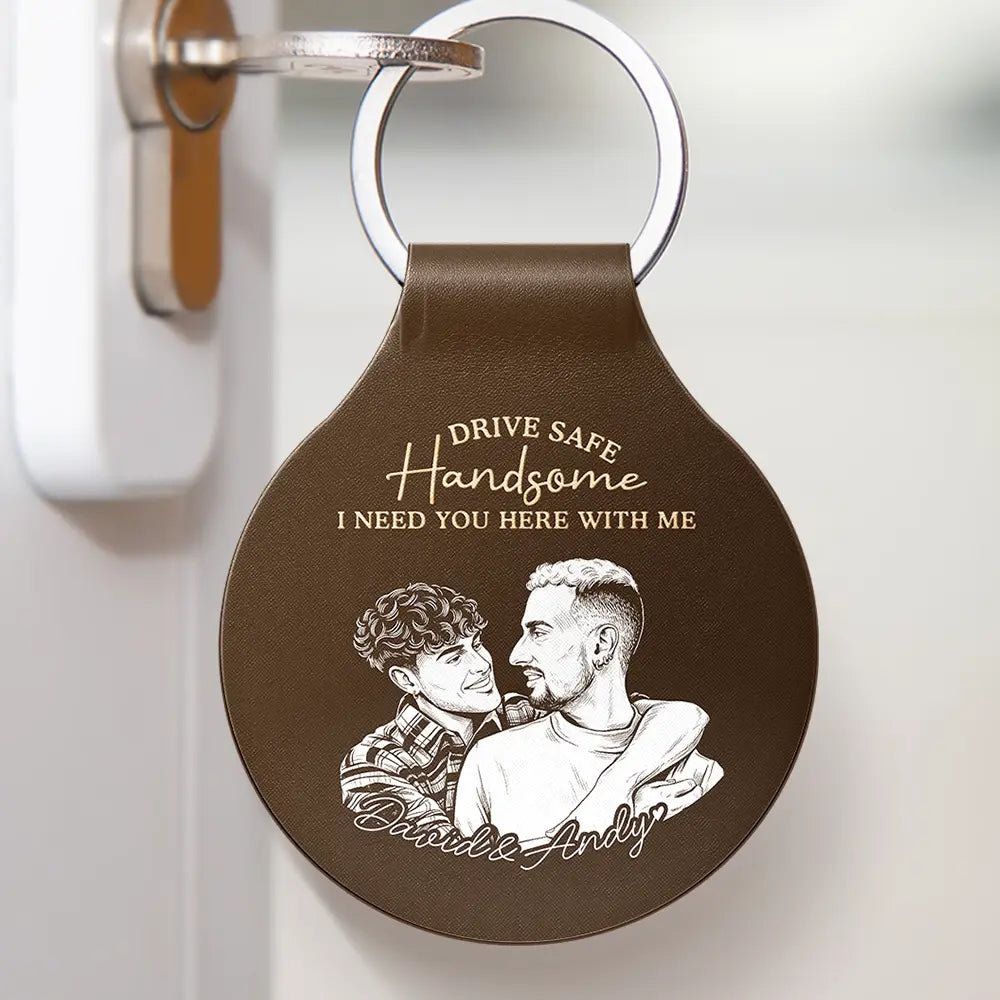 Gift For Couples,Gift For Husband,Gift For Wife,Gift For Boyfriend,Gift For Girlfriend,LGBT,Non-Eng,Photo - Pencil Sketch (Bold),Romantic - Custom Photo Bold Sketch Couple Drive Safe I Love You - Personalized Custom Shaped Leather Keychain
