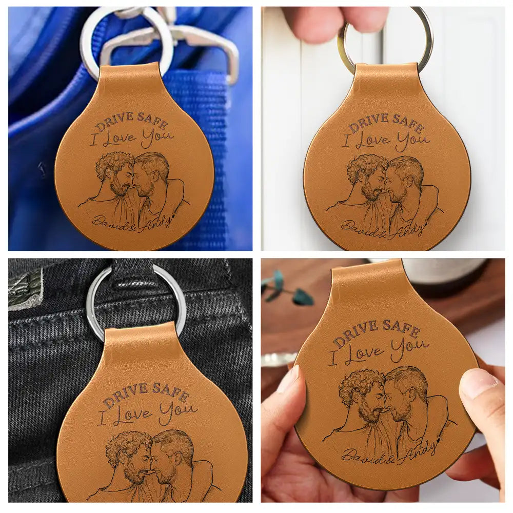 Gift For Couples,Gift For Husband,Gift For Wife,Gift For Boyfriend,Gift For Girlfriend,LGBT,Non-Eng,Photo - Pencil Sketch (Bold),Romantic - Custom Photo Bold Sketch Couple Drive Safe I Love You - Personalized Custom Shaped Leather Keychain