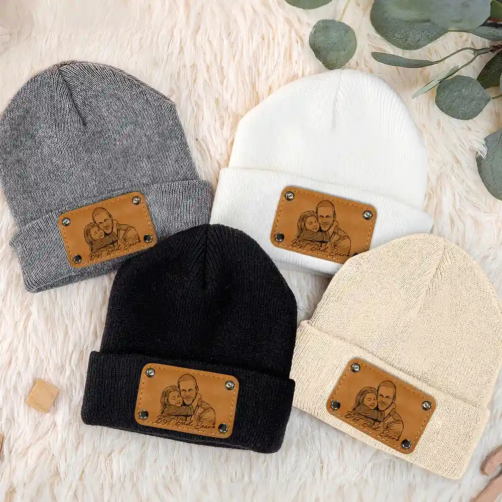 Gift For Father,Custom Photo,Art Design,Adorable,Photo - Pencil Sketch - Bold - Custom Photo Bold Sketch Family Dog Cat Portrait - Personalized Beanie With Leather Patch
