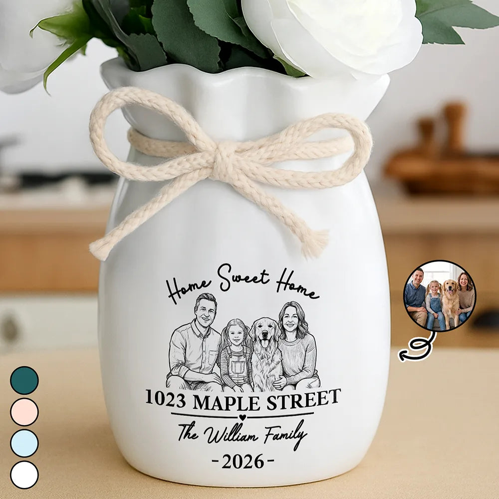 Custom Photo Bold Sketch Home Sweet Home New House - Personalized Ribbon Tie Flower Vase