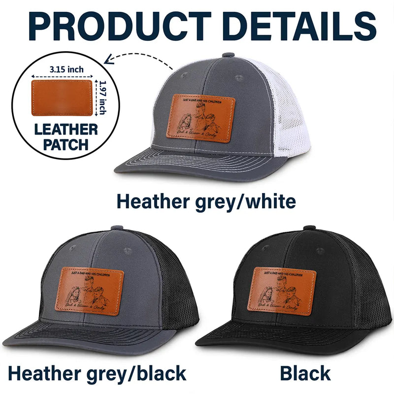 Custom Photo,Gift For Father,Dad - Daughters (Young),Photo - Pencil Sketch (Bold),Proud - Custom Photo Bold Sketch Just A Dad And His Girl - Personalized Leather Patch Hat