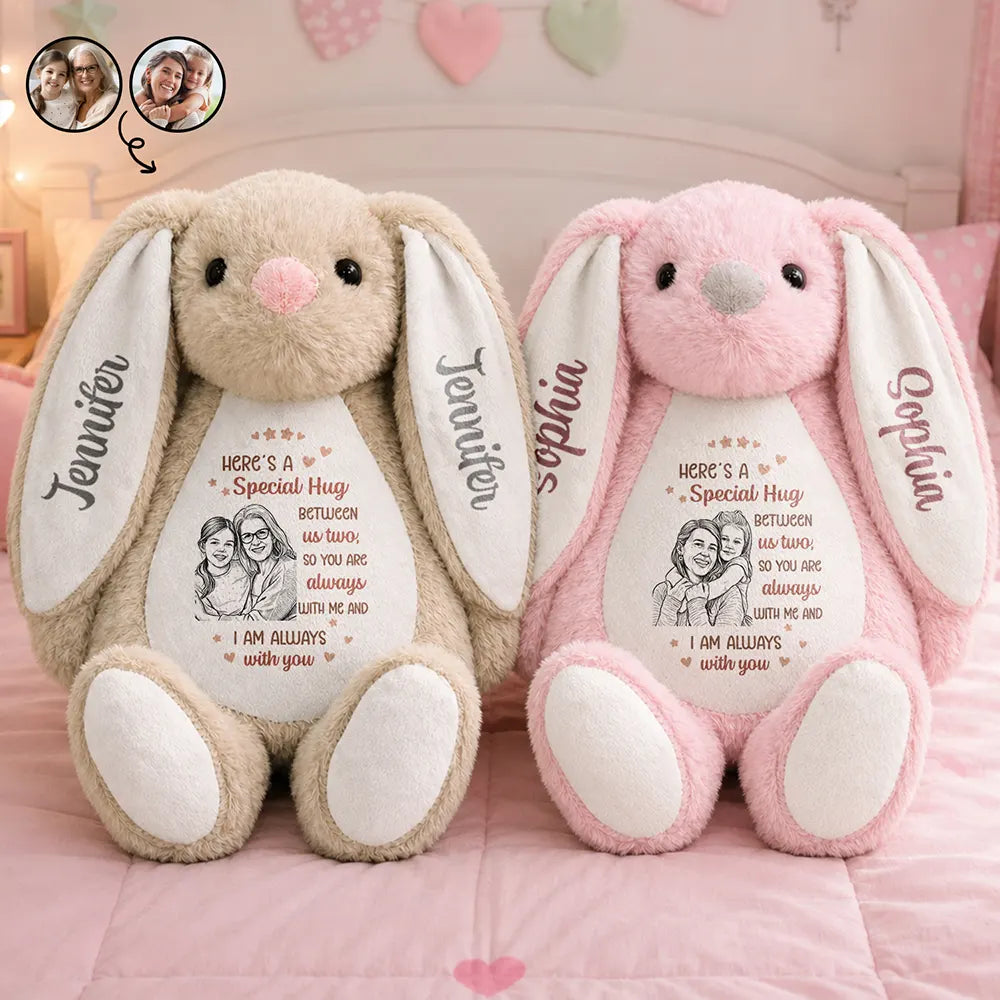 Custom Photo Bold Sketch Kid Here A Special Hug Between Us Two - Personalized Soft Toy Bunny