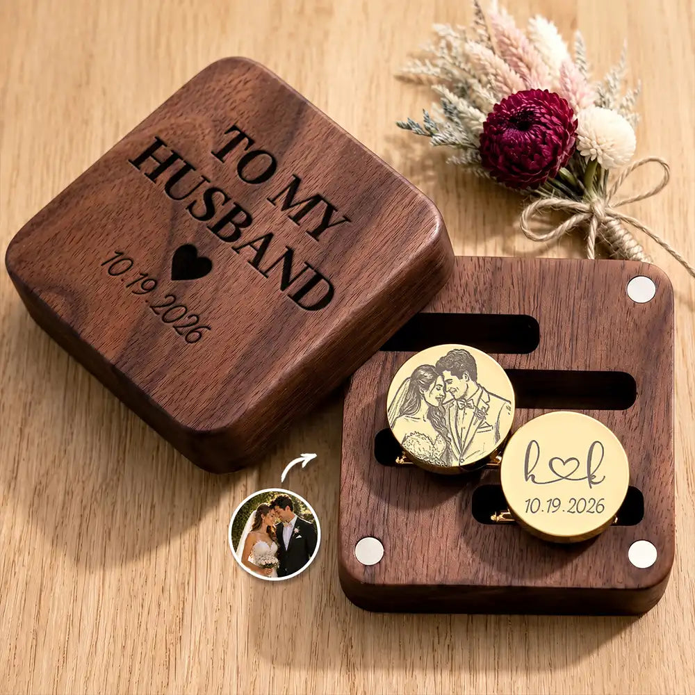 Custom Photo Bold Sketch Romantic Couple Portrait - Personalized Circular Cufflinks
