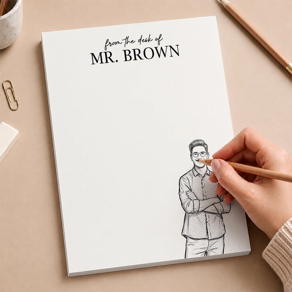 Art Design,Teacher,Back To School,Proud,Photo - Pencil Sketch - Bold - Custom Photo Bold Sketch Teacher Office Worker Portrait - Personalized Notepad
