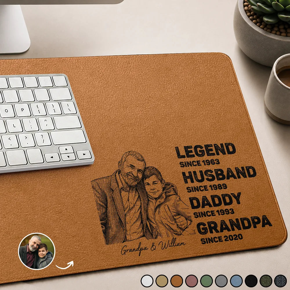 Custom Photo Bold Sketch The Legend Husband Daddy Grandpa - Personalized Leather Desk Mat