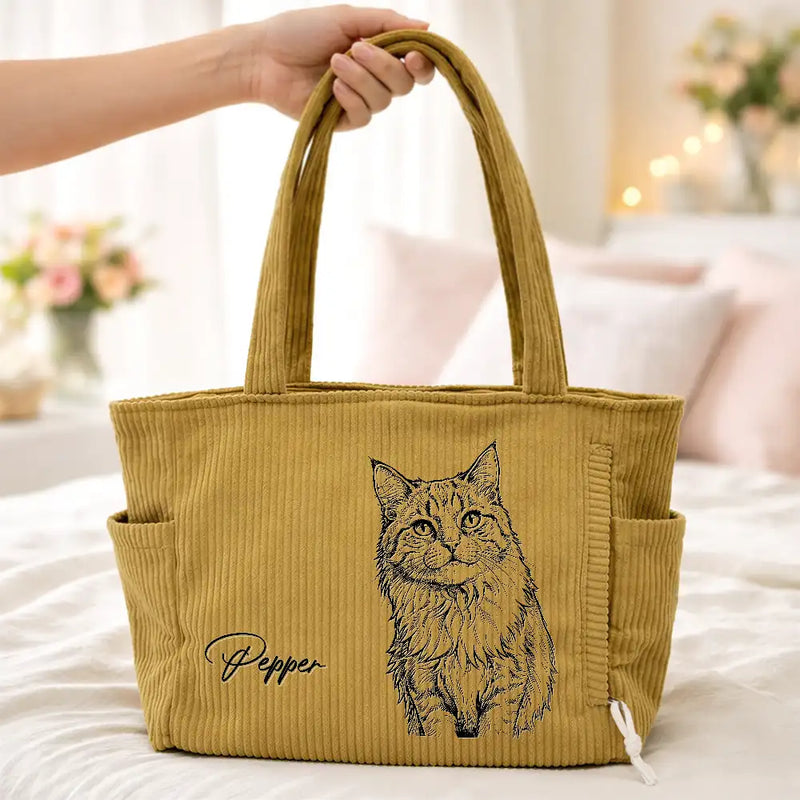 Custom Photo, Beach, Art Design, Summer, Pet Lovers, Playful, Photo - Pencil Sketch - Bold - Custom Photo Bold Sketch Woman Man Dog Cat Funny Portrait - Personalized Corduroy Tote Bag