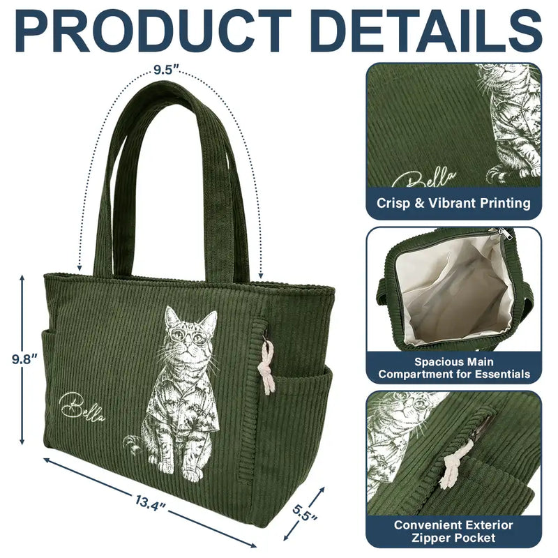 Custom Photo, Beach, Art Design, Summer, Pet Lovers, Playful, Photo - Pencil Sketch - Bold - Custom Photo Bold Sketch Woman Man Dog Cat Funny Portrait - Personalized Corduroy Tote Bag