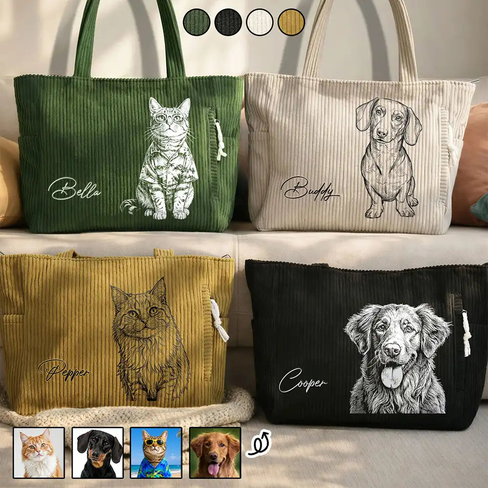 Custom Photo Bold Sketch Woman Man Dog Cat Funny Portrait - Personalized Corduroy Tote Bag