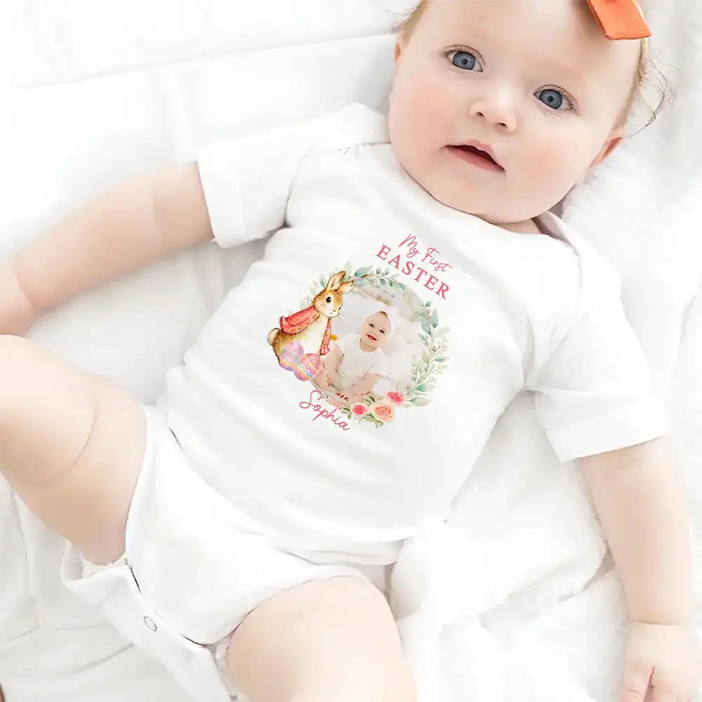 Gift For Kids,Grandma - Grandkids,Gift For Grandkids,Dad - Children,Mom - Children,Easter,Happy,New baby - Custom Photo Bunny First Easter - Personalized Baby Onesie