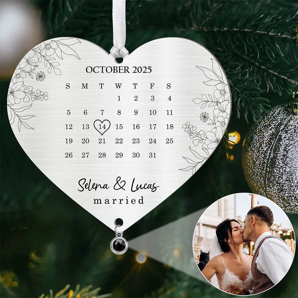 Anniversary,Wedding Anniversary,Love,Gift For Couples,Engaged,Christmas - Custom Photo Calendar First Christmas Married Engaged Newlywed - Personalized Custom Shaped Photo Projection Ornament