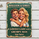 Custom Photo, Art Design, Gift For Couples, Old Couples, Humorous, Photo - Caricature - Remove BG - Custom Photo Caricature A Lovely Lady And A Grumpy Old Man Live Here - Personalized Classic Metal Signs