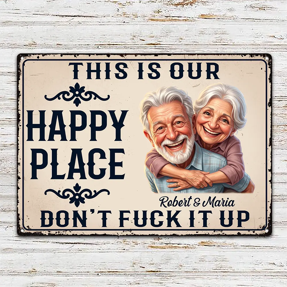 Custom Photo, Art Design, Summer, Gift For Couples, Humorous, Photo - Caricature - Remove BG - Custom Photo Caricature Couple Summer This Is Our Happy Place - Personalized Classic Metal Signs
