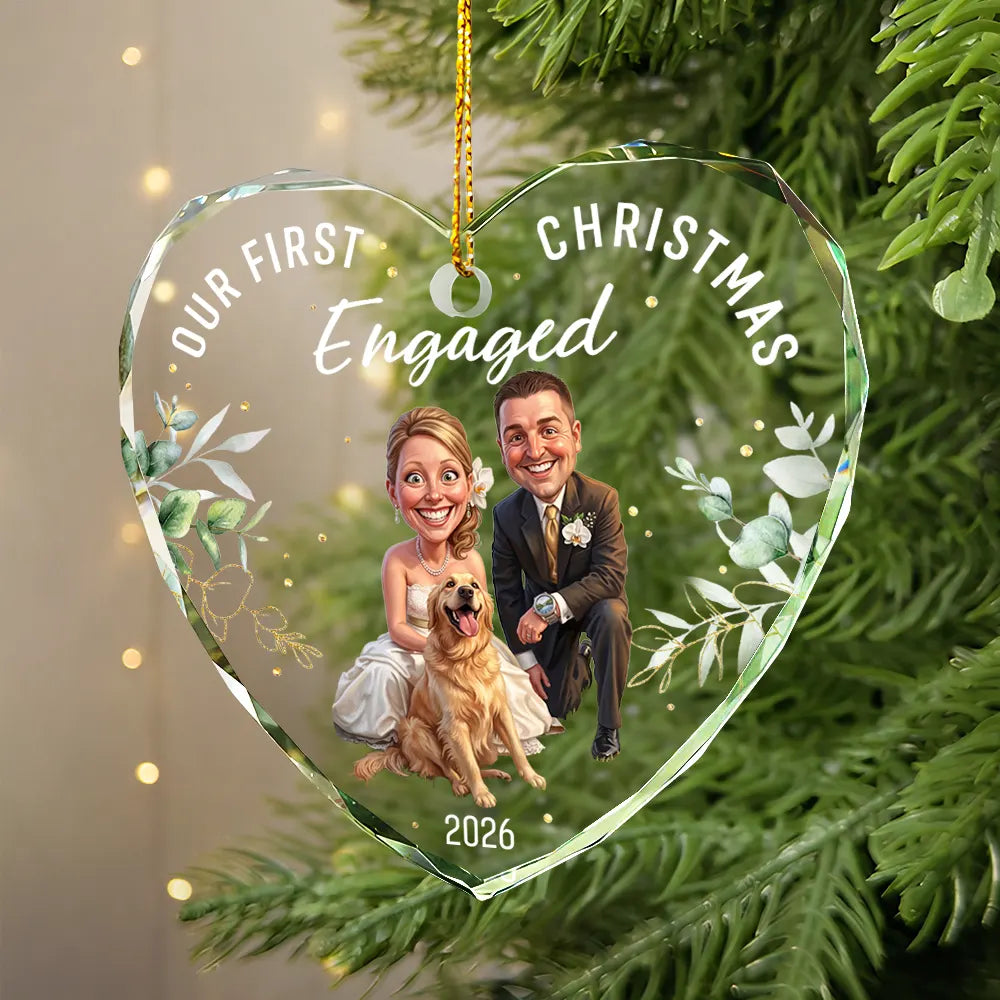 Pet Couple,Art Design,Christmas,Romantic,Pet Lovers,Gift For Couples,Photo - Caricature - Remove BG - Custom Photo Caricature Our First Christmas As Mr & Mrs Wedding Couple Pet - Personalized Heart Shaped Glass Ornament