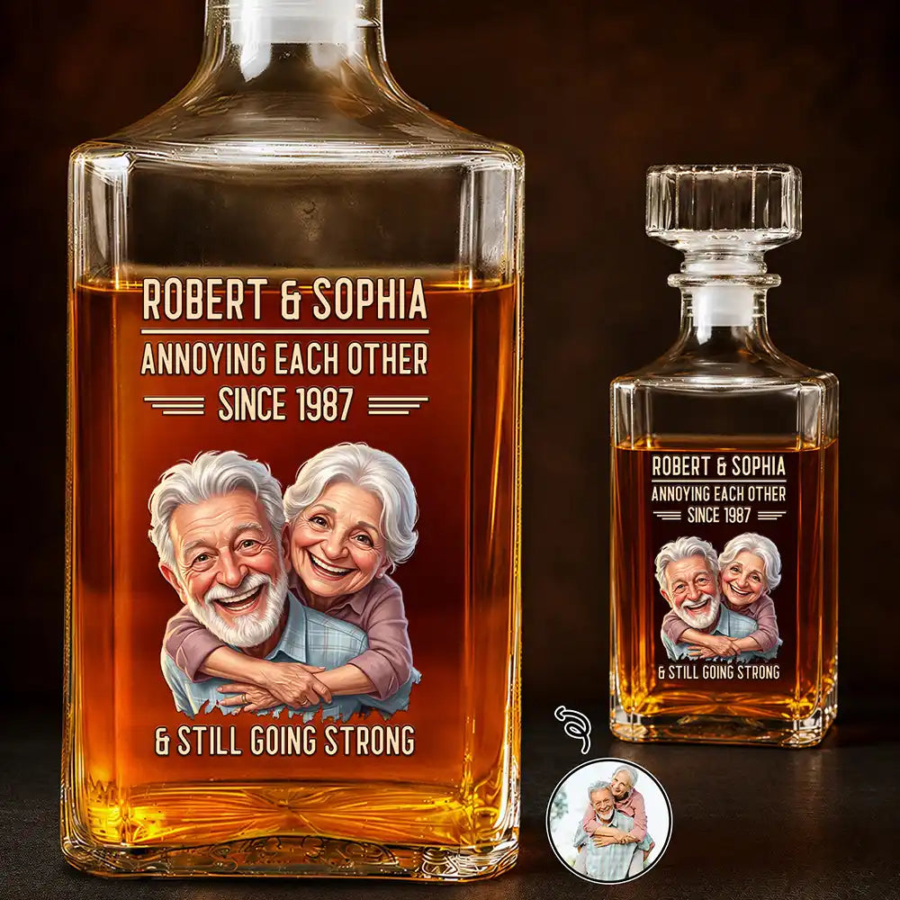Custom Photo Caricature Vintage Annoying Each Other - Personalized Square Whiskey Bottle