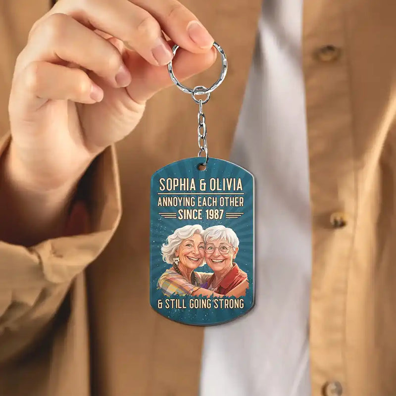 Custom Photo,Art Design,Gift For Couples,Old Couples,Wedding Anniversary,Humorous,Photo - Caricature - Remove BG - Custom Photo Caricature Vintage Annoying Each Other - Personalized Aluminum Keychain
