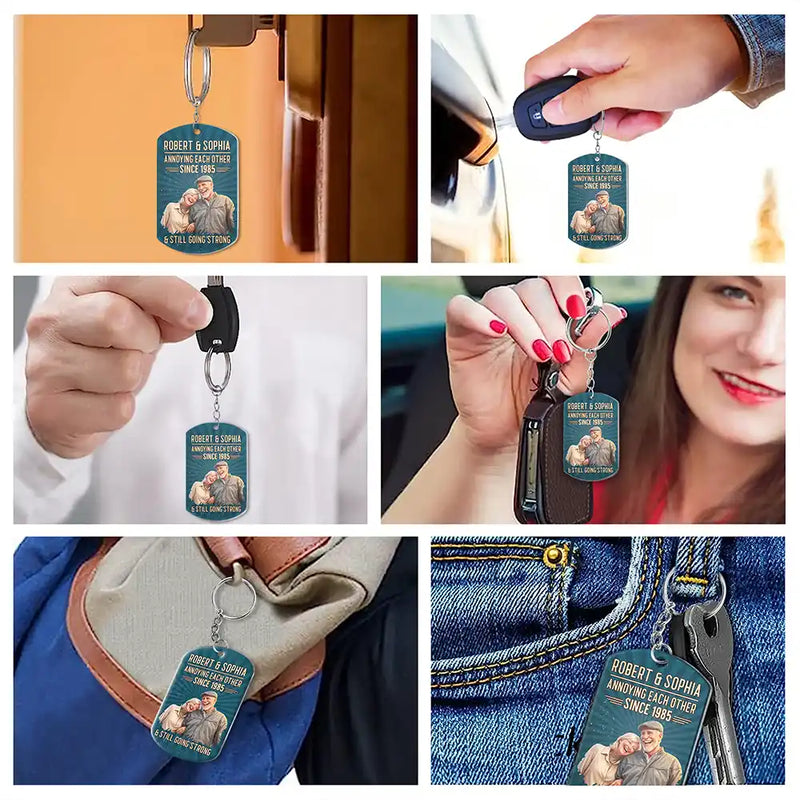 Custom Photo,Art Design,Gift For Couples,Old Couples,Wedding Anniversary,Humorous,Photo - Caricature - Remove BG - Custom Photo Caricature Vintage Annoying Each Other - Personalized Aluminum Keychain