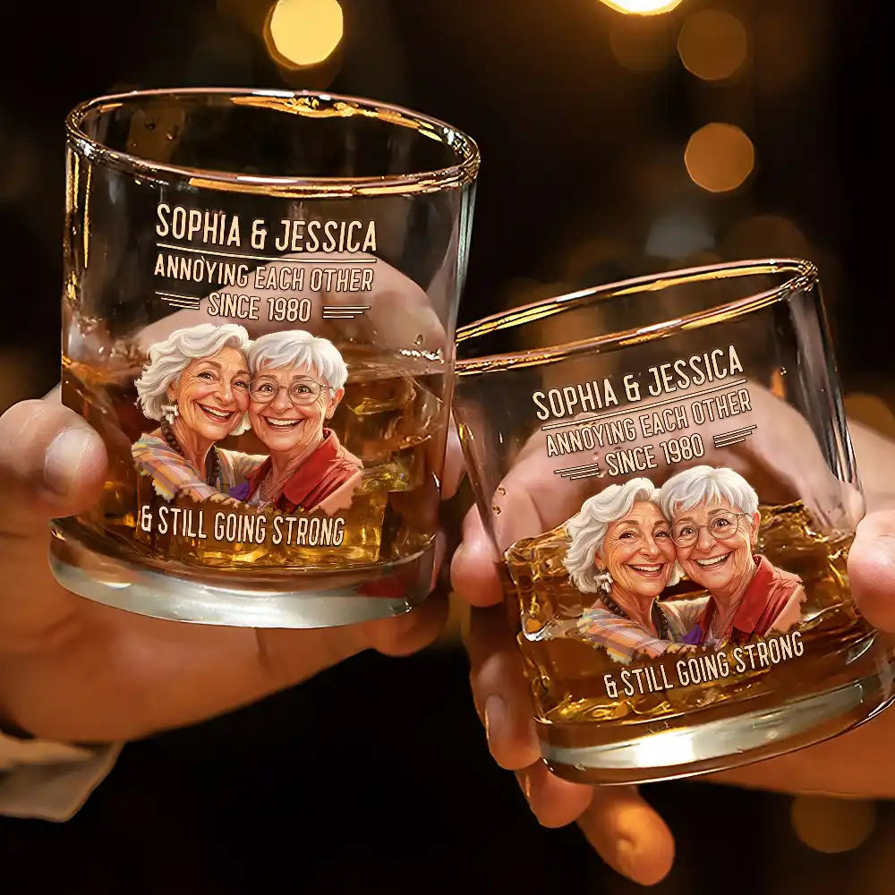 Custom Photo, Art Design, Gift For Couples, Old Couples, Wedding Anniversary, Humorous, Photo - Caricature - Remove BG - Custom Photo Caricature Vintage Annoying Each Other - Personalized Whiskey Glass