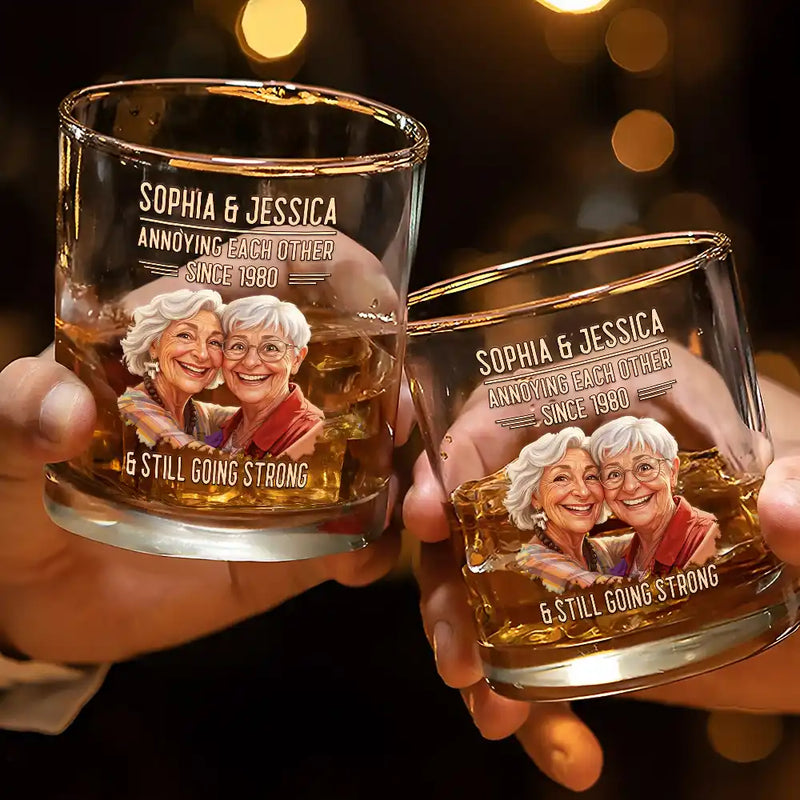 Custom Photo, Art Design, Gift For Couples, Old Couples, Wedding Anniversary, Humorous, Photo - Caricature - Remove BG - Custom Photo Caricature Vintage Annoying Each Other - Personalized Whiskey Glass