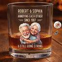 Custom Photo, Art Design, Gift For Couples, Old Couples, Wedding Anniversary, Humorous, Photo - Caricature - Remove BG - Custom Photo Caricature Vintage Annoying Each Other - Personalized Whiskey Glass