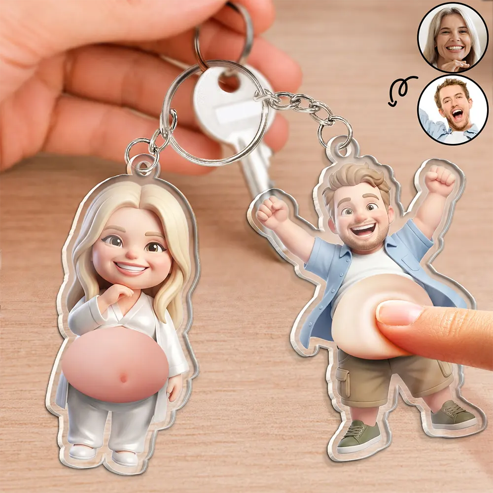 Custom Photo,Art Design,Family,Humorous,Photo - Belly FreeStyle Pose Cartoon Figure - Custom Photo Cartoon Belly Character Family Member And Pet - Personalized Squishy Acrylic Keychain