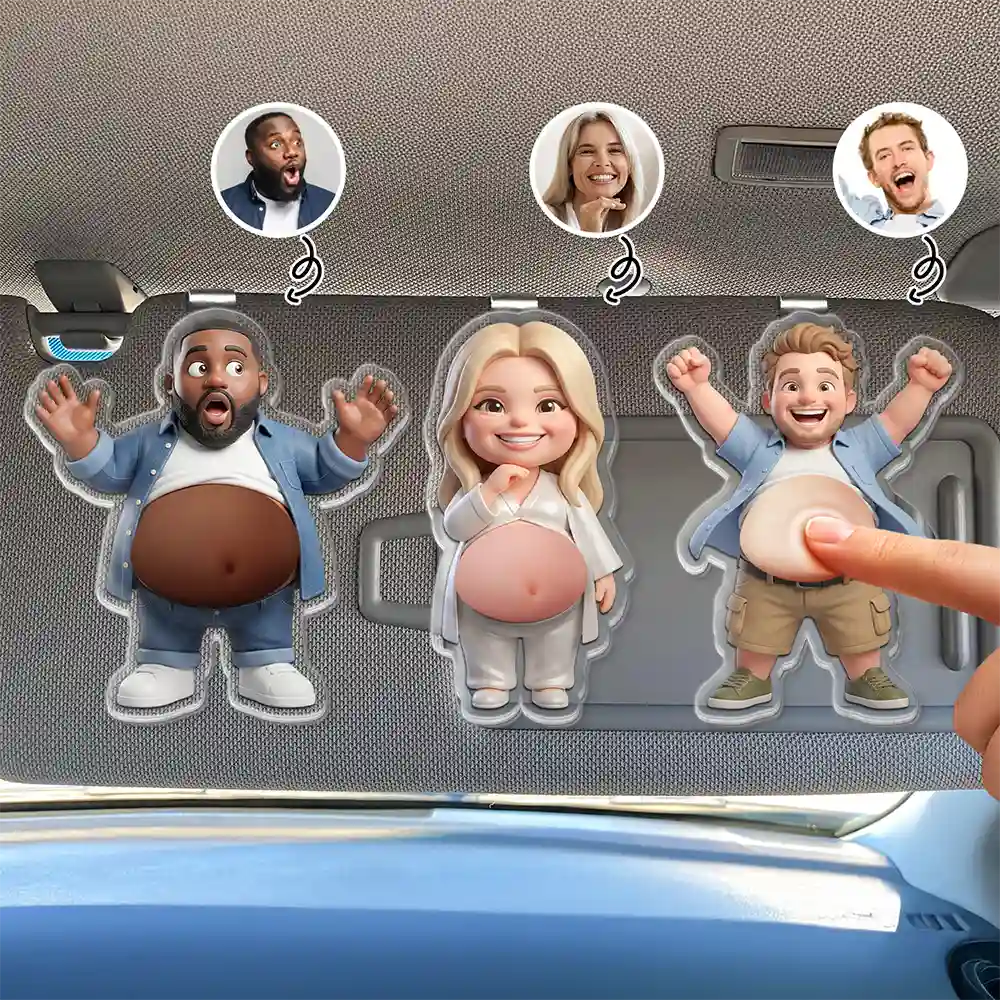 Custom Photo Cartoon Belly Character Family Member - Personalized Squishy Acrylic Car Visor Clip