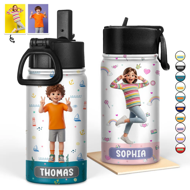 Back To School, Custom Photo, Art Design, Parents, Adorable, Photo - Cartoon Portrait - Custom Photo Cartoon Portrait Adorable Kid And Name - Personalized Kids Water Bottle