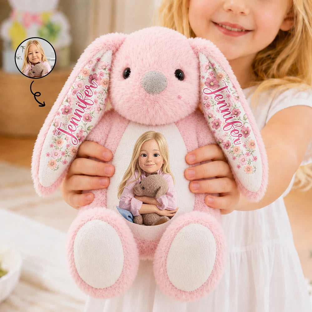 Adorable, Art Design, Gift For Kids, Photo - Cartoon Portrait - Custom Photo Cartoon Portrait Adorable Kid With Floral Ears - Personalized Soft Toy Bunny