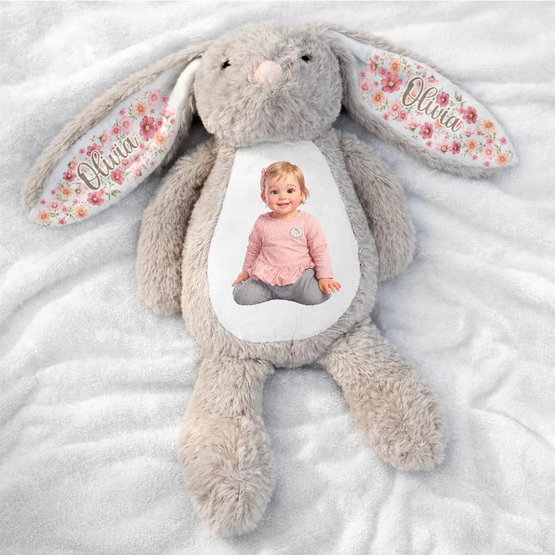 Adorable, Art Design, Gift For Kids, Photo - Cartoon Portrait - Custom Photo Cartoon Portrait Adorable Kid With Floral Ears - Personalized Soft Toy Bunny