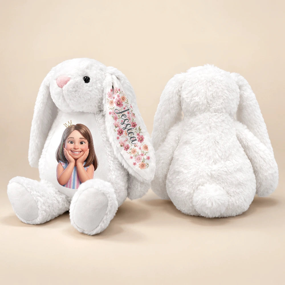 Adorable, Art Design, Gift For Kids, Photo - Cartoon Portrait - Custom Photo Cartoon Portrait Adorable Kid With Floral Ears - Personalized Soft Toy Bunny