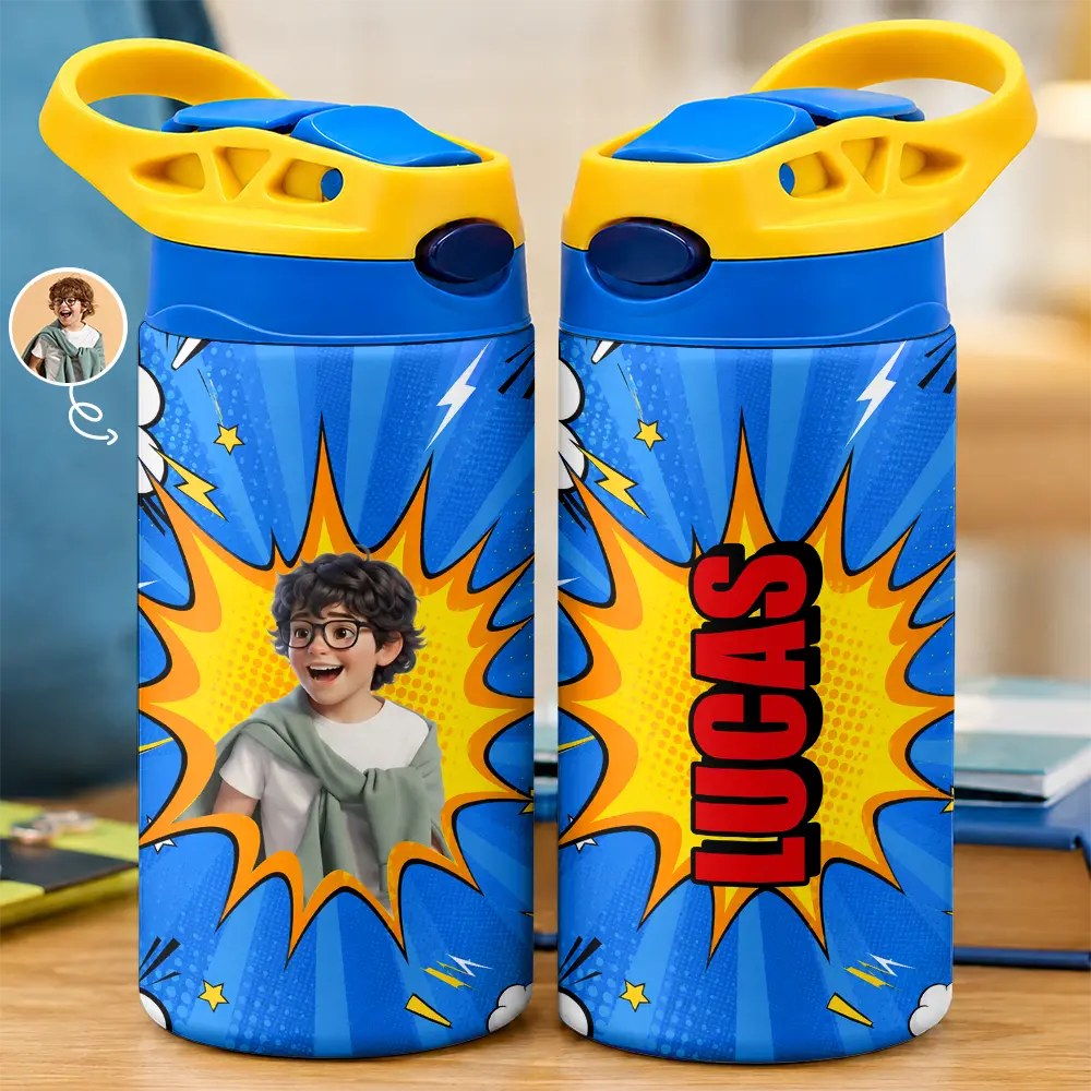 Custom Photo Cartoon Portrait Cute Kid With Comic Book Theme - Personalized Insulated Water Bottle With Straw