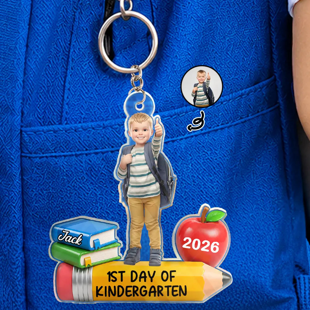 Custom Photo Cartoon Portrait First Day Of Kindergarten - Personalized Acrylic Keychain