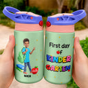 Adorable,Art Design,Back To School,Gift For Kids,Photo - Cartoon Portrait - Custom Photo Cartoon Portrait First Day Of Kindergarten - Personalized Insulated Water Bottle With Straw