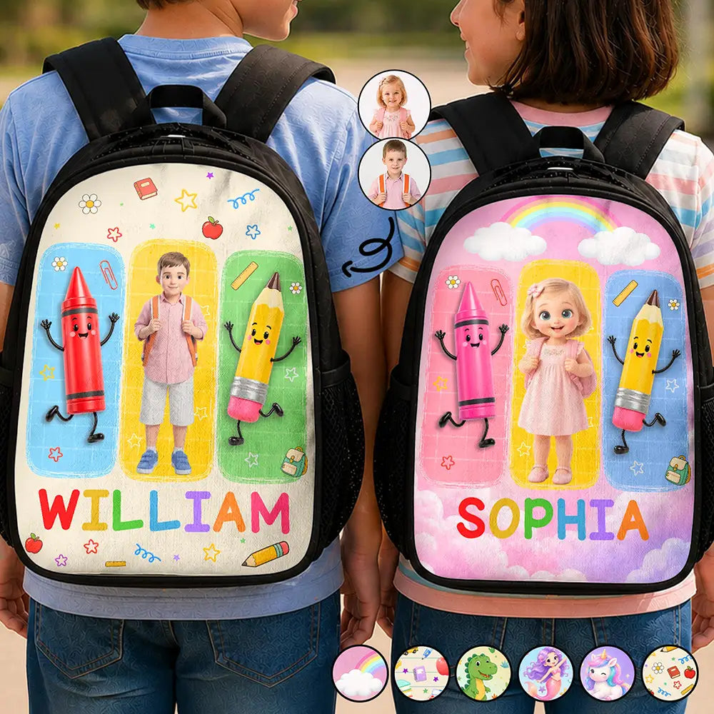 Custom Photo Cartoon Portrait Happy Kid With School Supplies - Personalized Kids Backpack