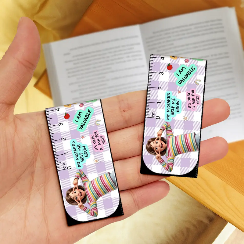 Adorable,Art Design,Back To School,Reading,Gift For Kids,Photo - Cartoon Portrait - Custom Photo Cartoon Portrait Kid Affirmation Ruler - Personalized Custom Shaped Magnetic Bookmark Clip